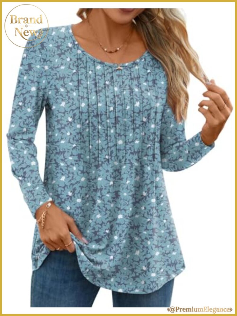 Women Fall Long Sleeve Pleated Tunic Blouse Casual Dressy Crew Neck Top